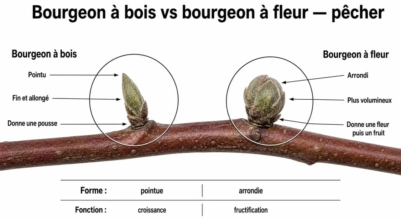Schéma explicatif des bourgeons à bois et à fleurs pour la taille des pêchers