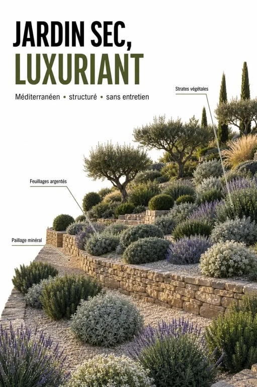 Jardin méditerranéen sans entretien, dense, structuré et coloré avec paillage minéral