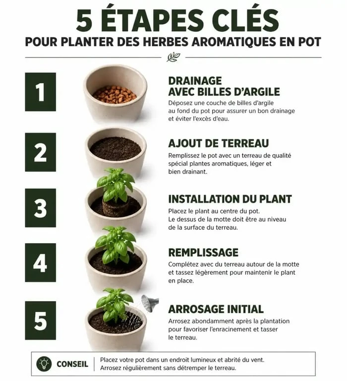 Infographie des 5 étapes pour réussir la culture des aromatiques en pot