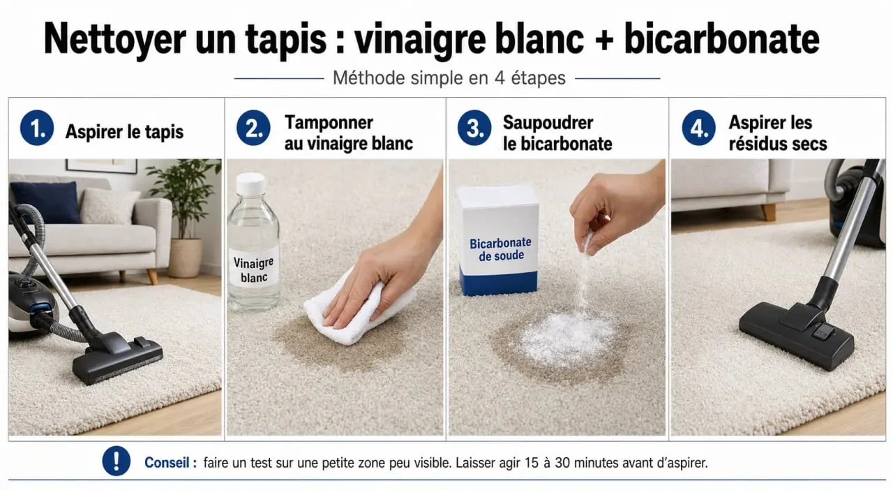 Nettoyer tapis vinaigre blanc bicarbonate : étapes d’aspiration, application du vinaigre, saupoudrage du bicarbonate et aspiration finale