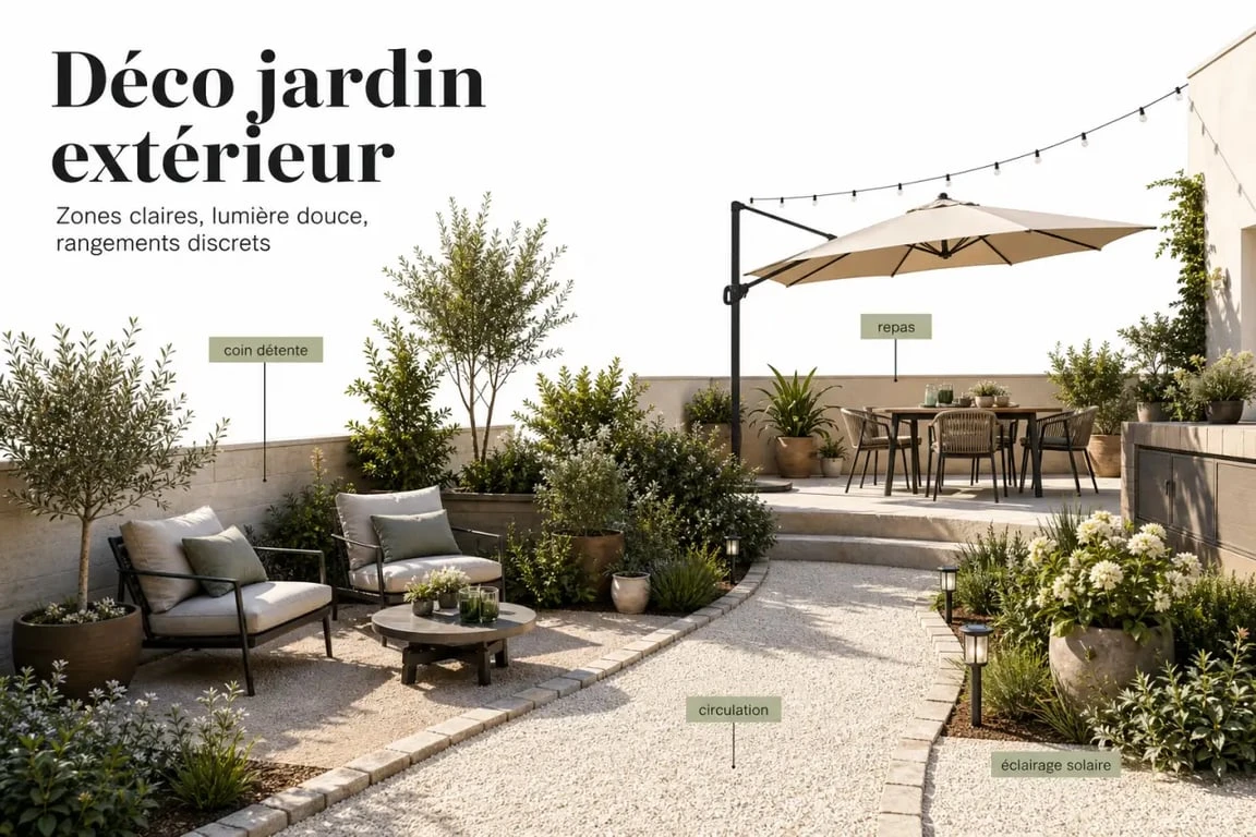 Déco jardin extérieur inspirante avec terrasse, luminaires, pots et bordures