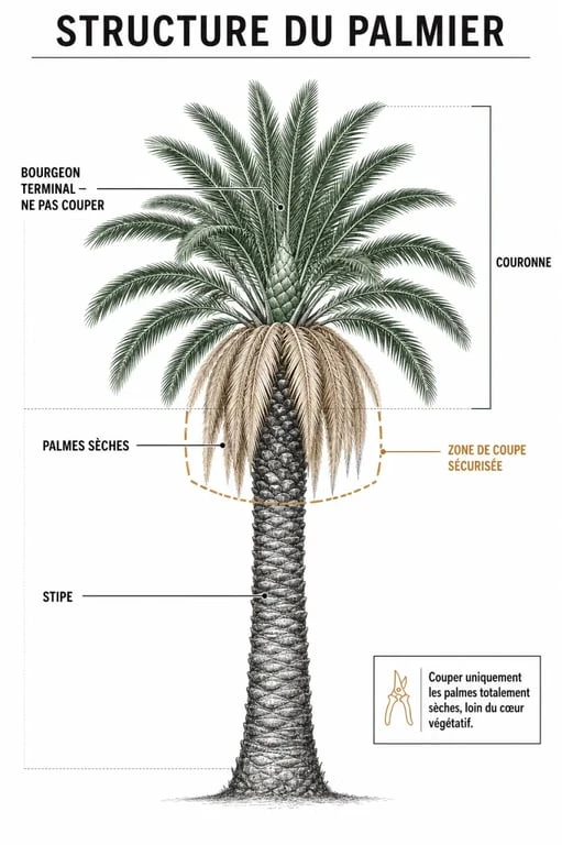 Schéma explicatif de la taille d'un palmier : zones de coupe et bourgeon terminal