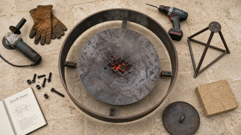 Fabriquer brasero DIY sur terrasse : plaque acier, cercle métal, braises et sécurité