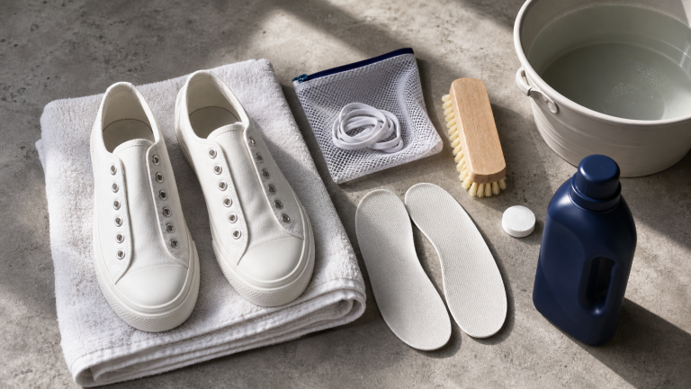 Laver chaussures machine : baskets en toile blanches avant lavage