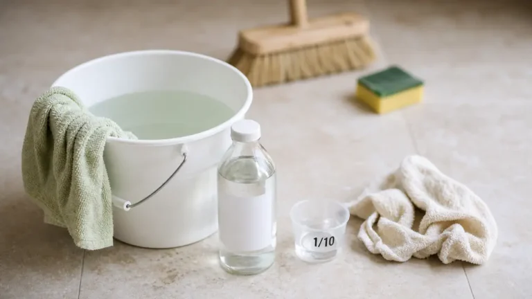 Vinaigre blanc sur les sols : la dilution qui marche et les surfaces à éviter Laver les sols au vinaigre blanc : dilution dans un seau et serpillière microfibre