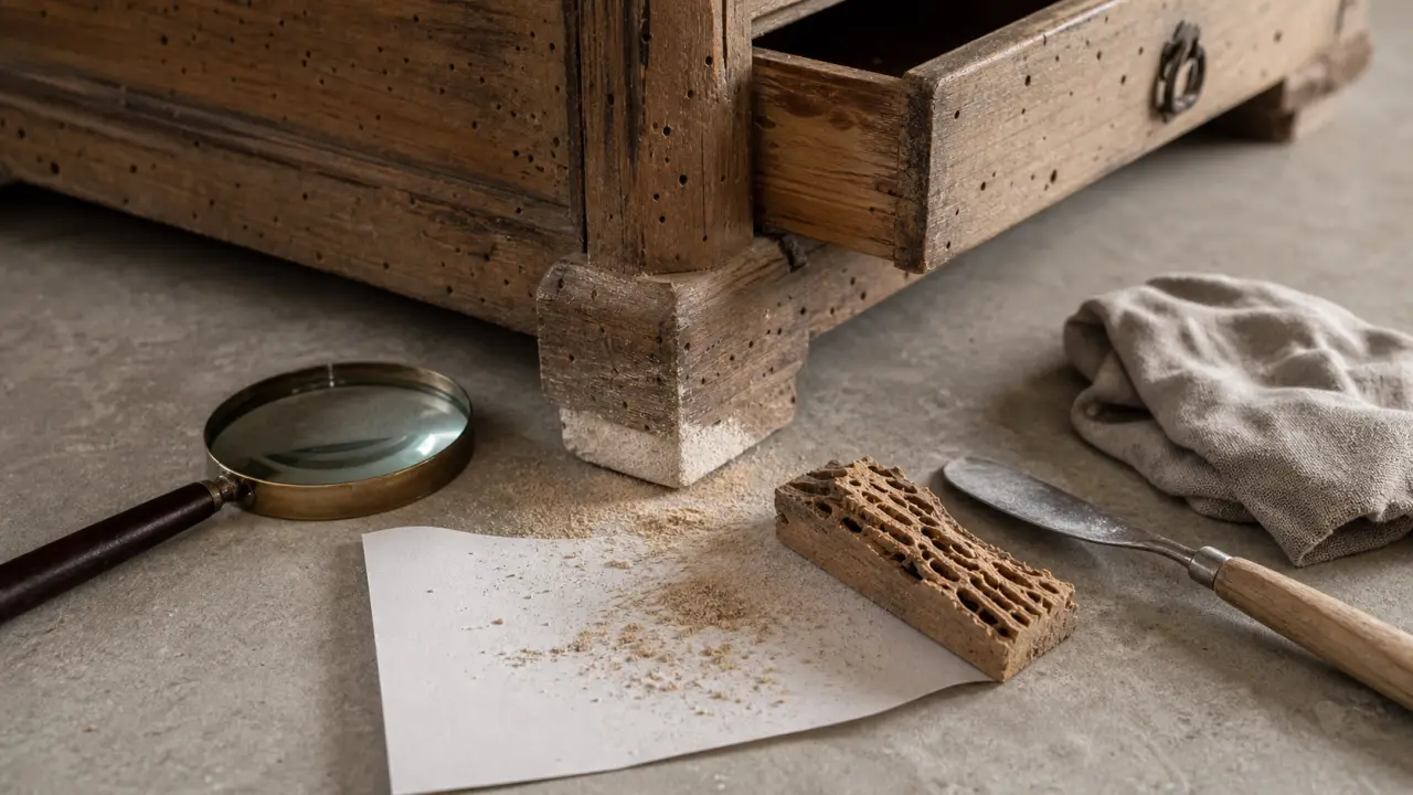 Mites bois meuble : trous et sciure sur un meuble en bois