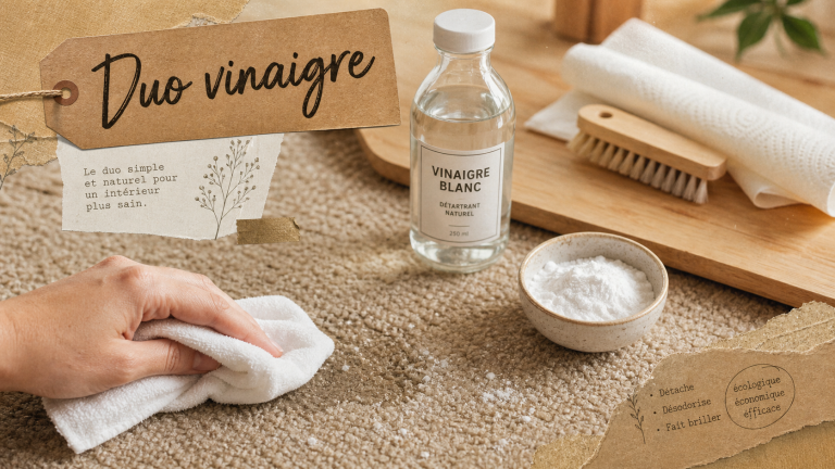 Nettoyer tapis vinaigre blanc bicarbonate : chiffon, vinaigre et bicarbonate sur tapis beige