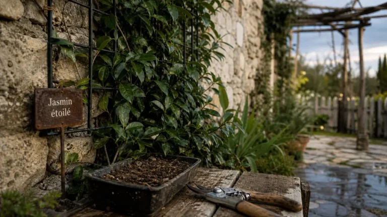 Quelle plante grimpante persistante choisir pour un mur, une pergola ou une terrasse ? Plante grimpante persistante jasmin étoilé sur treillis noir près d’un mur en pierre.