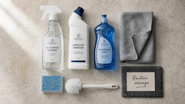 Produit menage : nettoyant multi-usage et anticalcaire, chiffon microfibre et éponge
