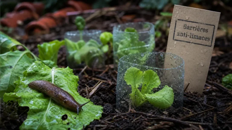 Protéger son potager des limaces sans chimie : barrières, pièges et équilibre naturel Protéger son potager des limaces : jeunes salades avec collerettes anti-limaces après pluie, limace et traces de mucus