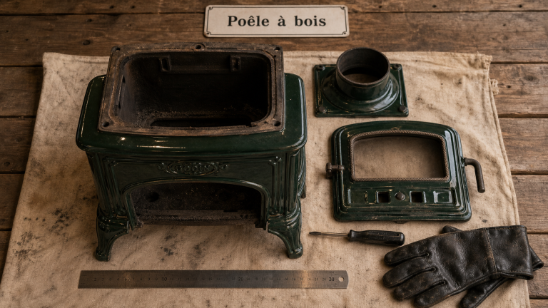 Vieux poele a bois : ancien poêle à bois en fonte émaillée verte en atelier