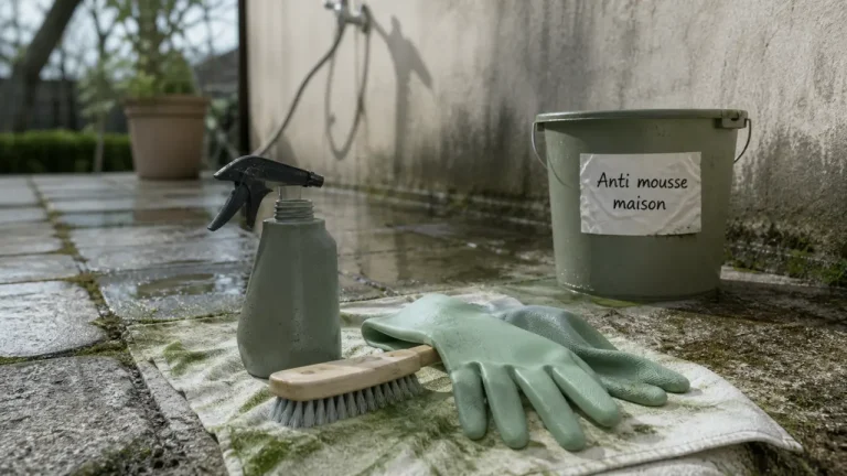 Bicarbonate, savon noir ou vinaigre : quel anti mousse maison choisir selon la surface ? Anti mousse maison : brosse et pulvérisateur sur dalles de terrasse avec joints couverts de mousse