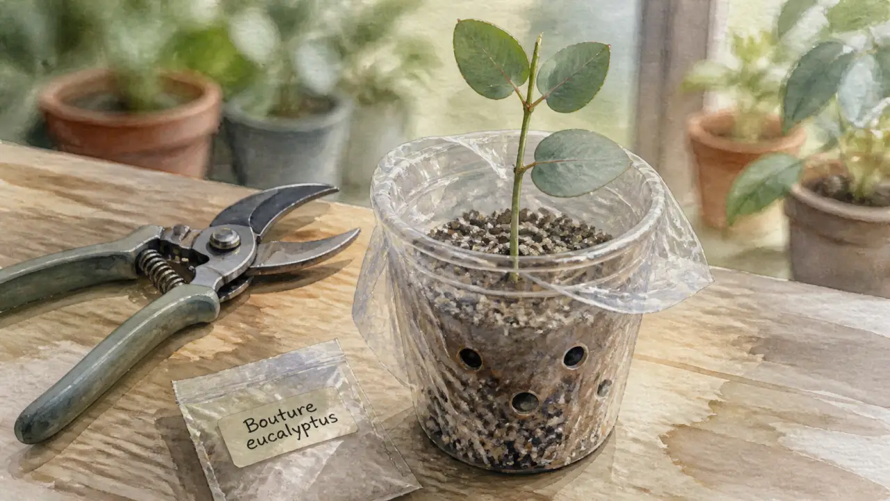 Bouture eucalyptus en pot sous dôme, 15°C minimum pour l’enracinement