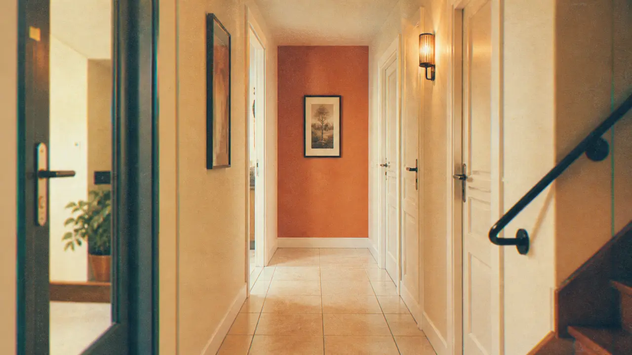 Couleur peinture pour couloir : murs ivoire chaud et mur terracotta