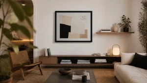 Décorer mur blanc : grand cadre noir et étagère flottante dans un salon moderne