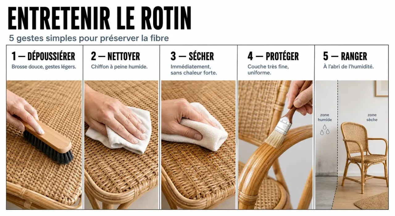 Entretien du rotin en 5 étapes pour dépoussiérer, nettoyer, sécher et protéger un meuble
