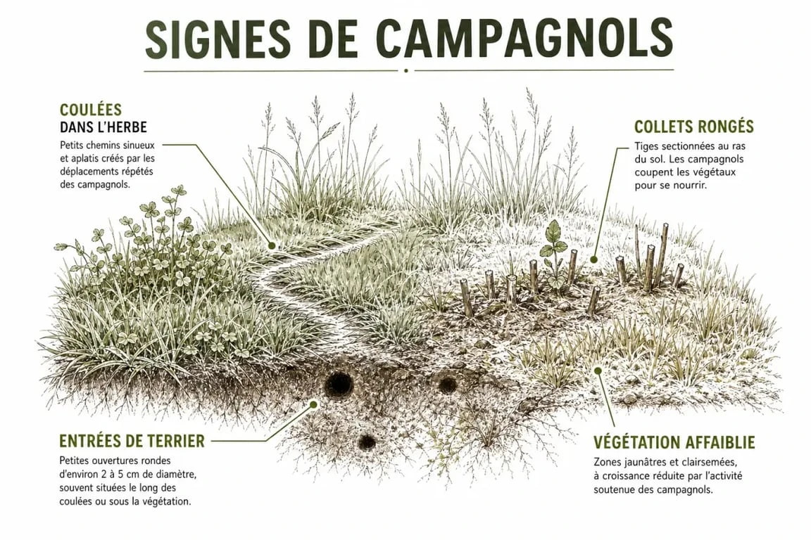 Signes de présence des campagnols dans l'herbe et au jardin