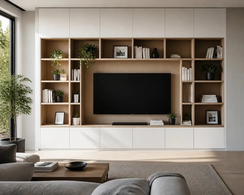 Meuble bibliothèque TV dans un salon contemporain avec niches et rangements fermés
