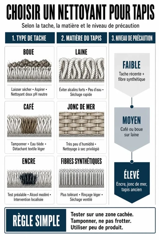 Produit pour nettoyer les tapis : infographie comparative des choix selon la tache et la matière