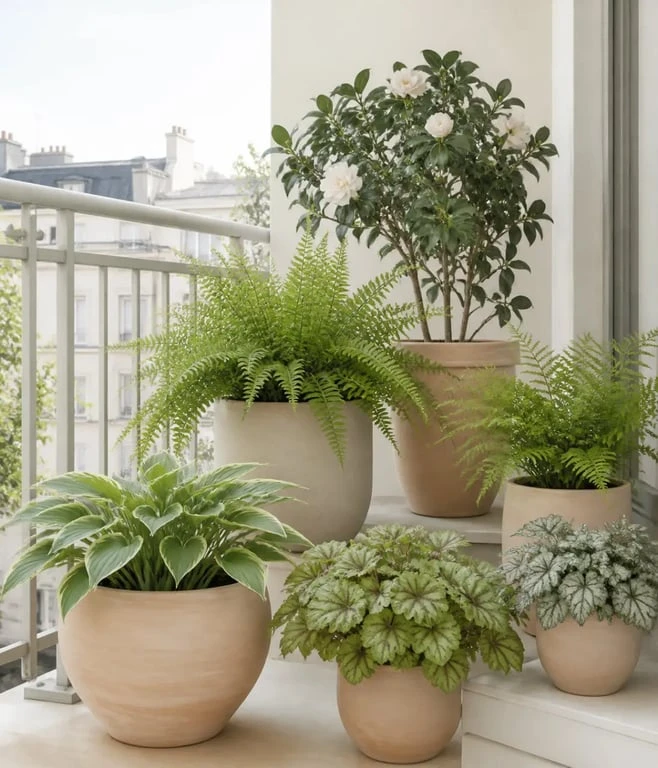 Exemple de plante balcon nord avec fougères, hostas et heuchères sur un balcon ombragé