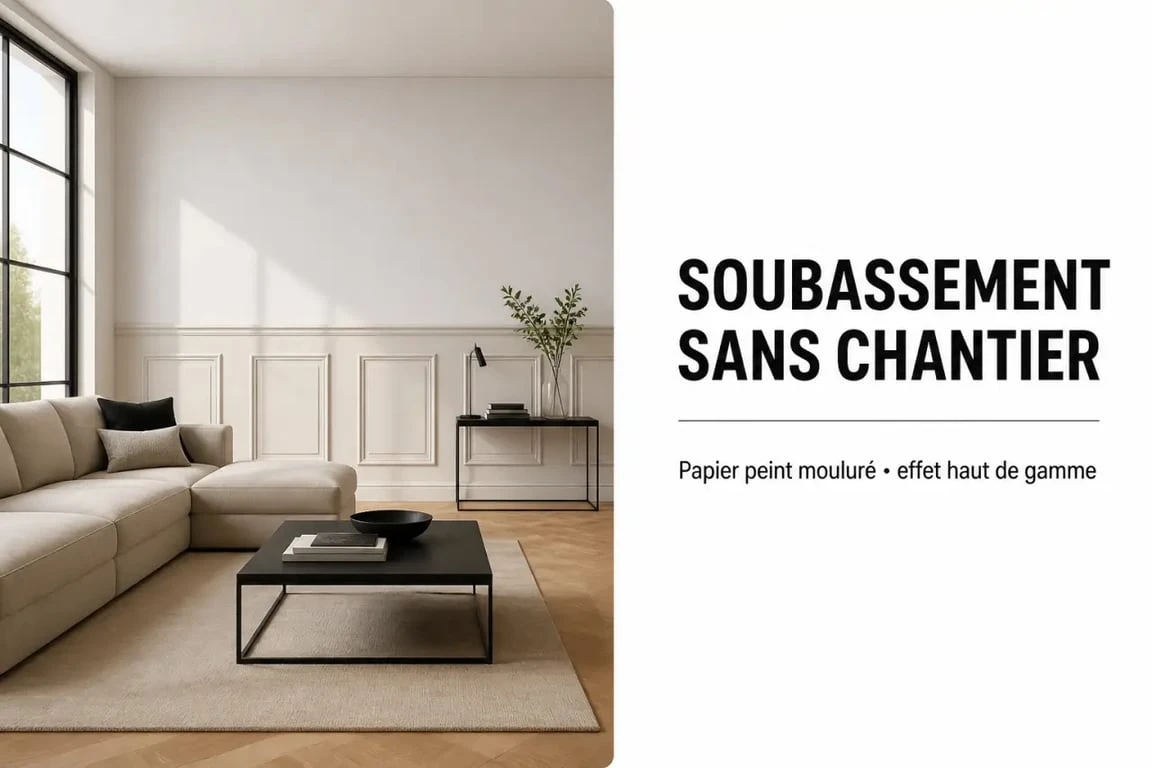 Papier peint soubassement dans un salon élégant avec effet mouluré et partie haute unie