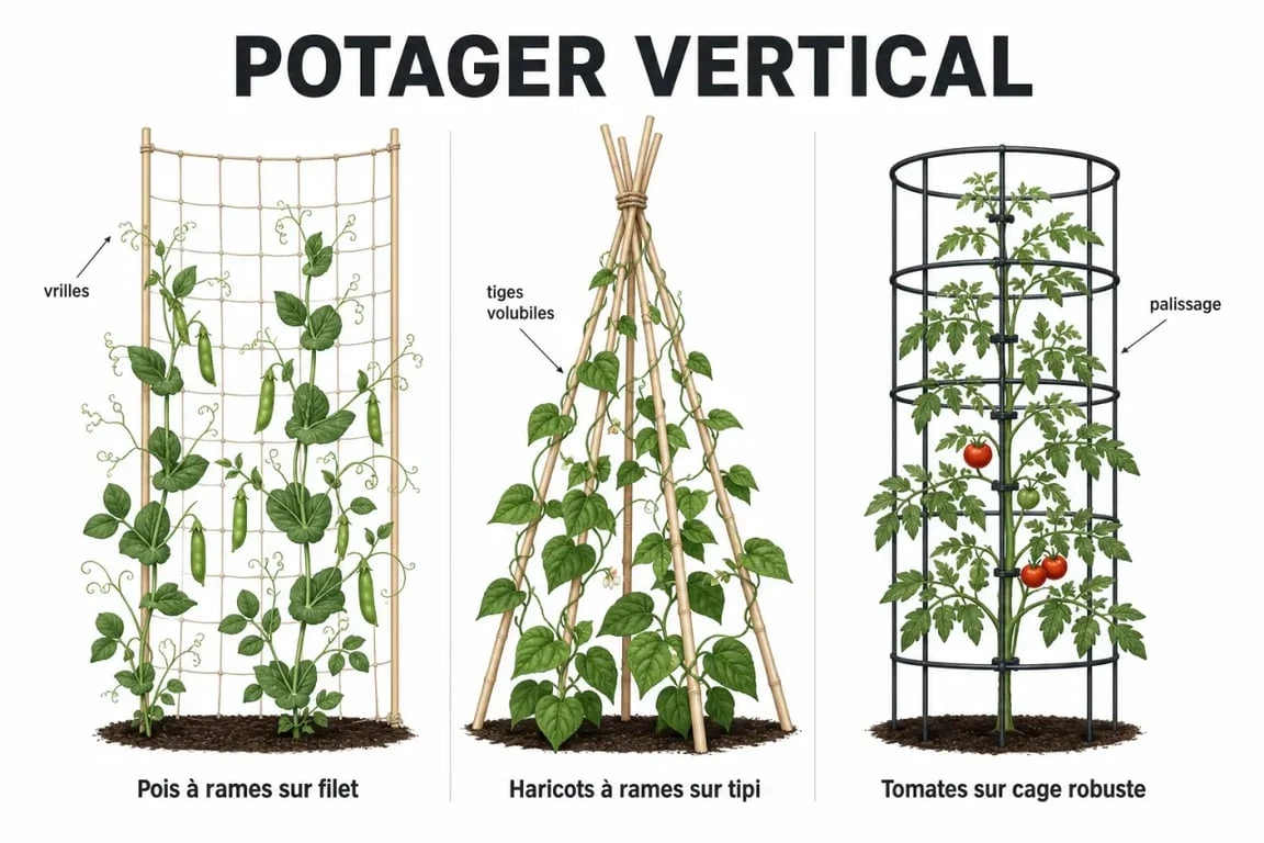 Schéma des legumes grimpant potager avec vrilles, tiges volubiles et palissage