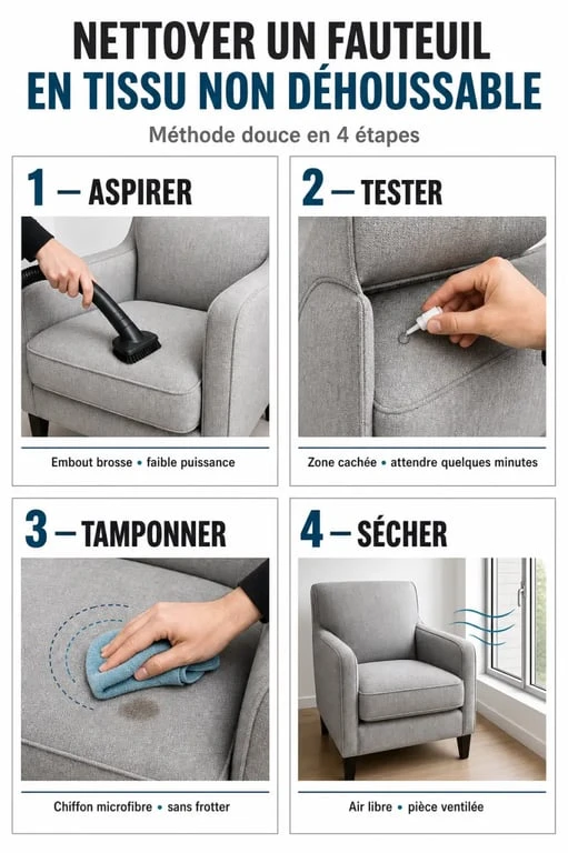 Comment nettoyer un fauteuil en tissu non déhoussable : aspiration, test, tamponnement et séchage