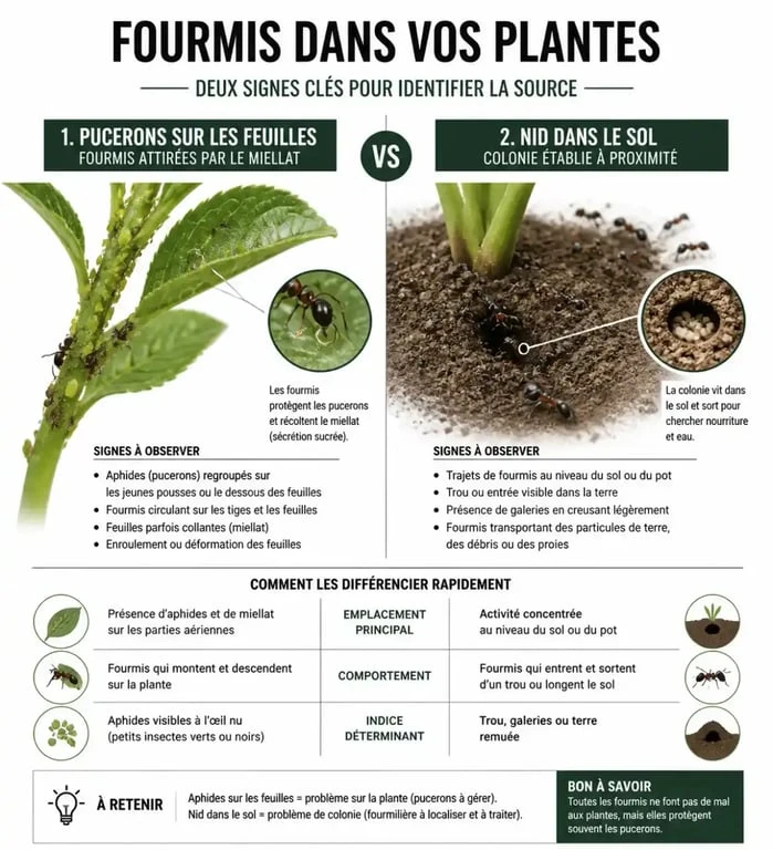 Guide visuel pour identifier la cause de la présence de fourmis dans les plantes