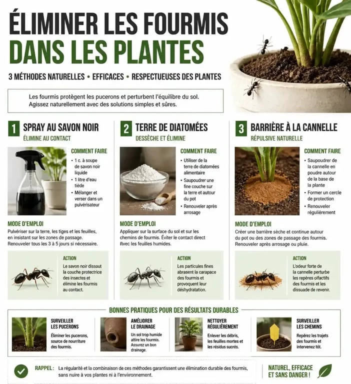 Infographie des méthodes naturelles pour éliminer les fourmis dans les plantes