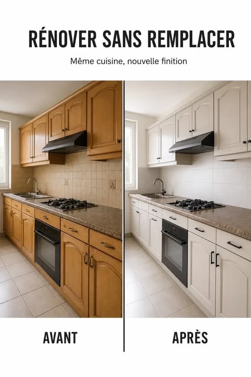 Rénover sa cuisine sans changer les meubles : avant/après d’une cuisine modernisée avec façades repeintes et poignées changées
