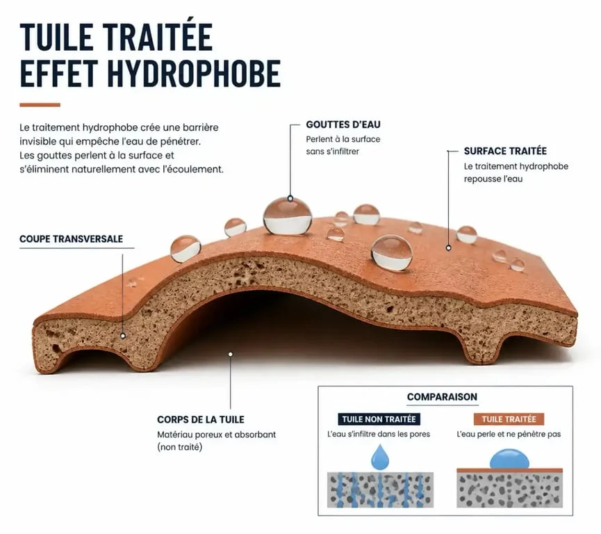 Schéma illustrant l'effet hydrofuge pour enlever la mousse des toits et protéger les tuiles
