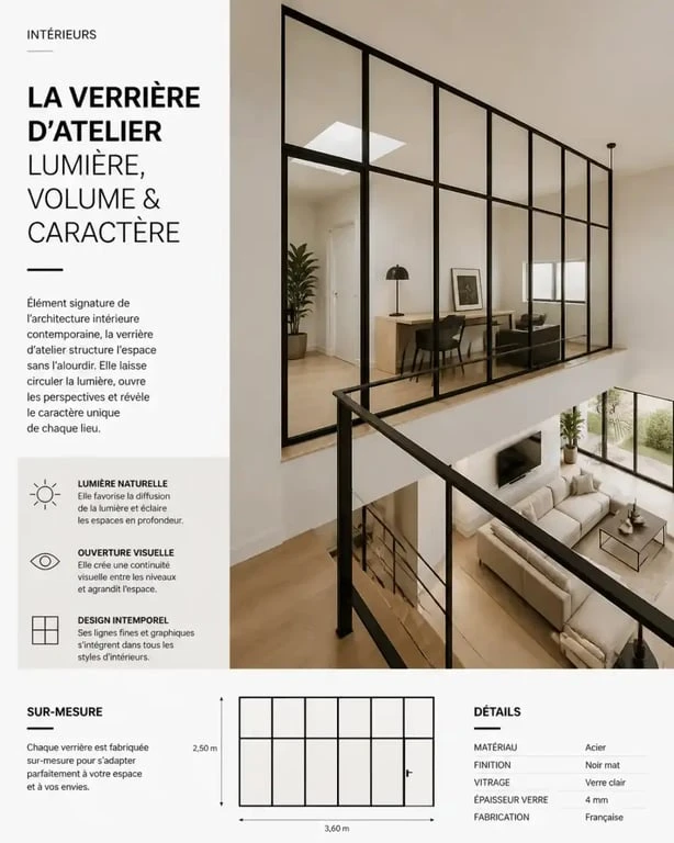 Mezzanine fermée avec verrière style atelier pour un aménagement intérieur moderne et lumineux