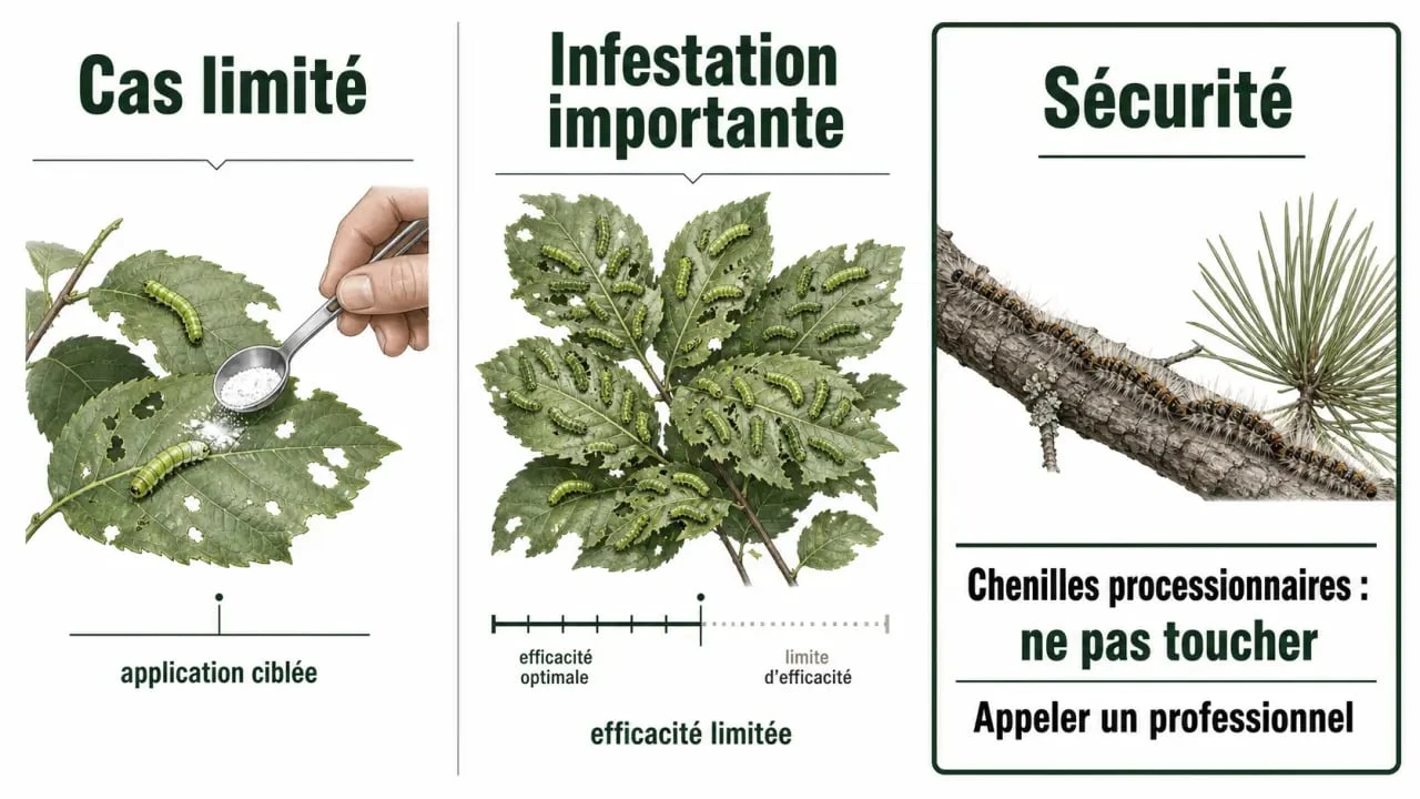 Bicarbonate pour tuer chenilles : illustration comparative montrant une efficacité limitée, une application ciblée et le cas des chenilles processionnaires