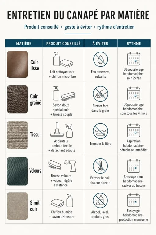 Produit pour canapé : infographie des produits recommandés selon la matière du canapé