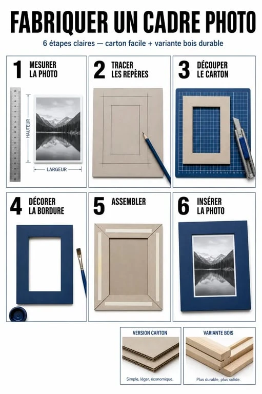 Cadre photo fabriquer : illustration pas à pas pour fabriquer un cadre photo en carton ou en bois