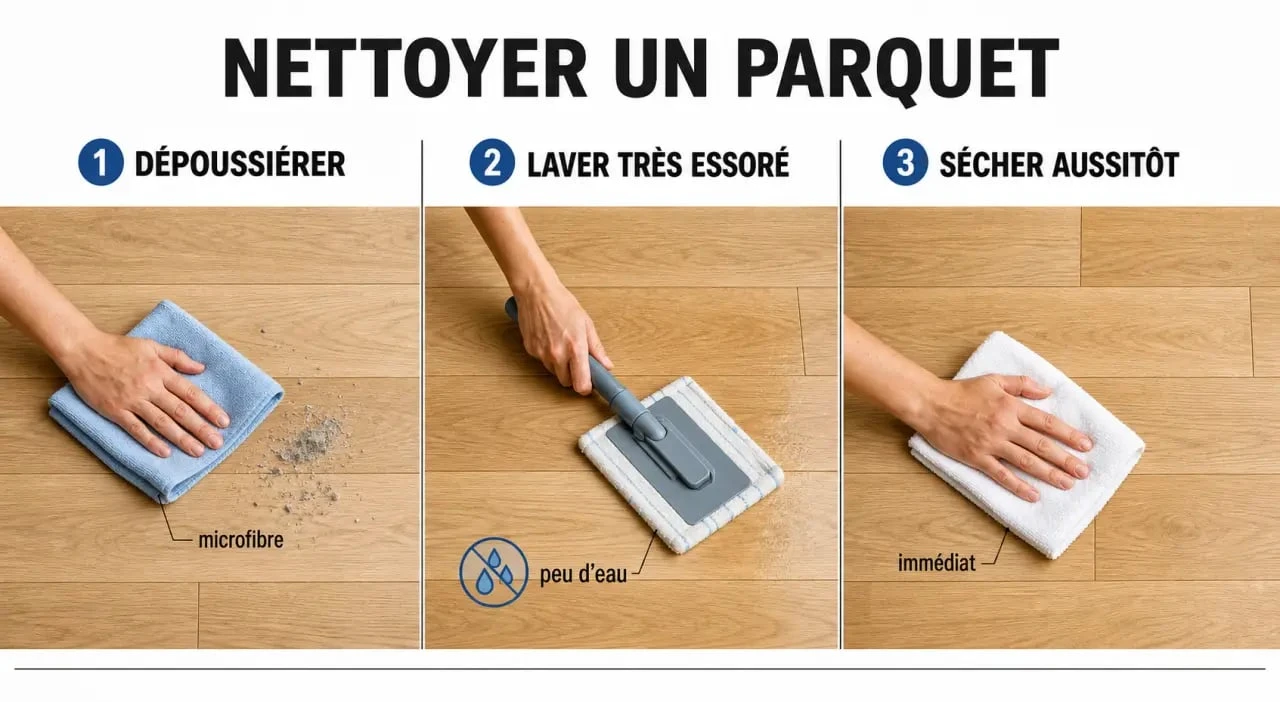 Nettoyer parquet : routine en trois étapes avec microfibre, faible humidité et séchage rapide
