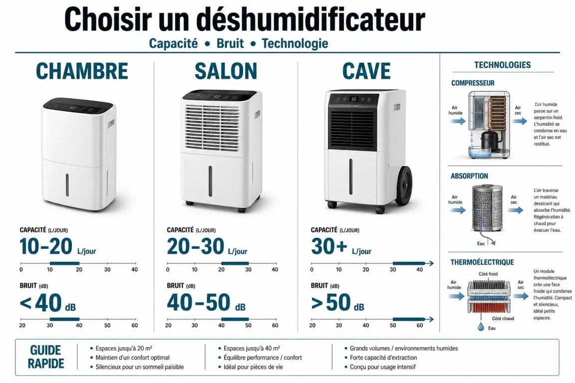 Test déshumidificateur que choisir : comparatif visuel des capacités, du bruit et des technologies