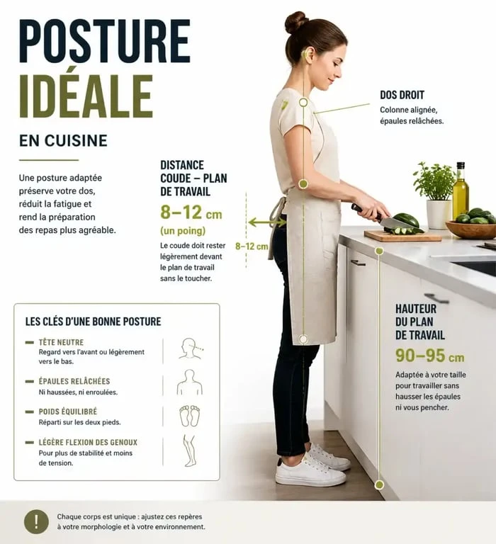 Schéma ergonomique illustrant la hauteur idéale d'un plan de travail de cuisine selon la position du coude
