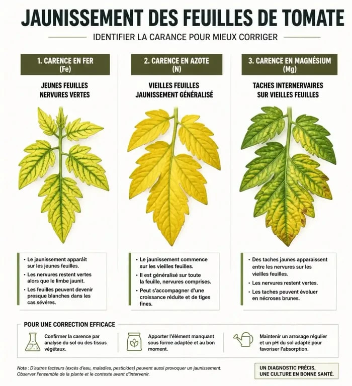 Diagnostic visuel des carences provoquant le jaunissement des feuilles de tomates