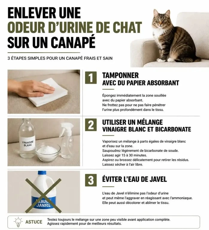 Infographie des étapes pour enlever odeur urine chat sur canapé