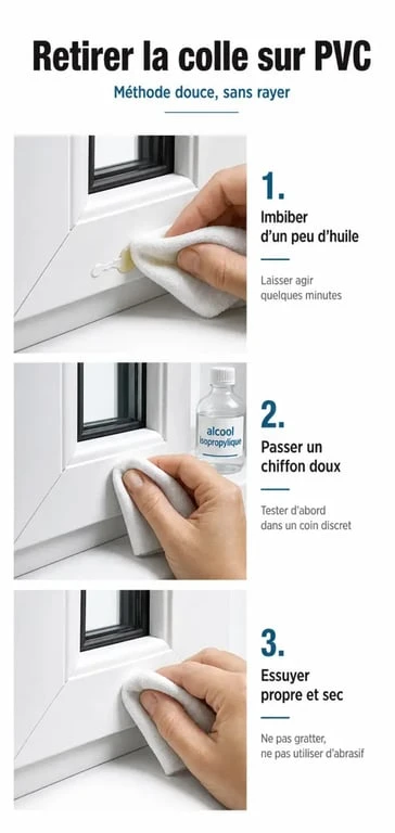 Étapes pour enlever colle sur pvc fenetre avec chiffon et produit doux