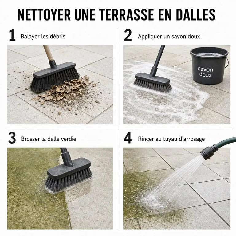 Nettoyer dalles terrasse en quatre étapes : balayer, savonner, brosser, rincer