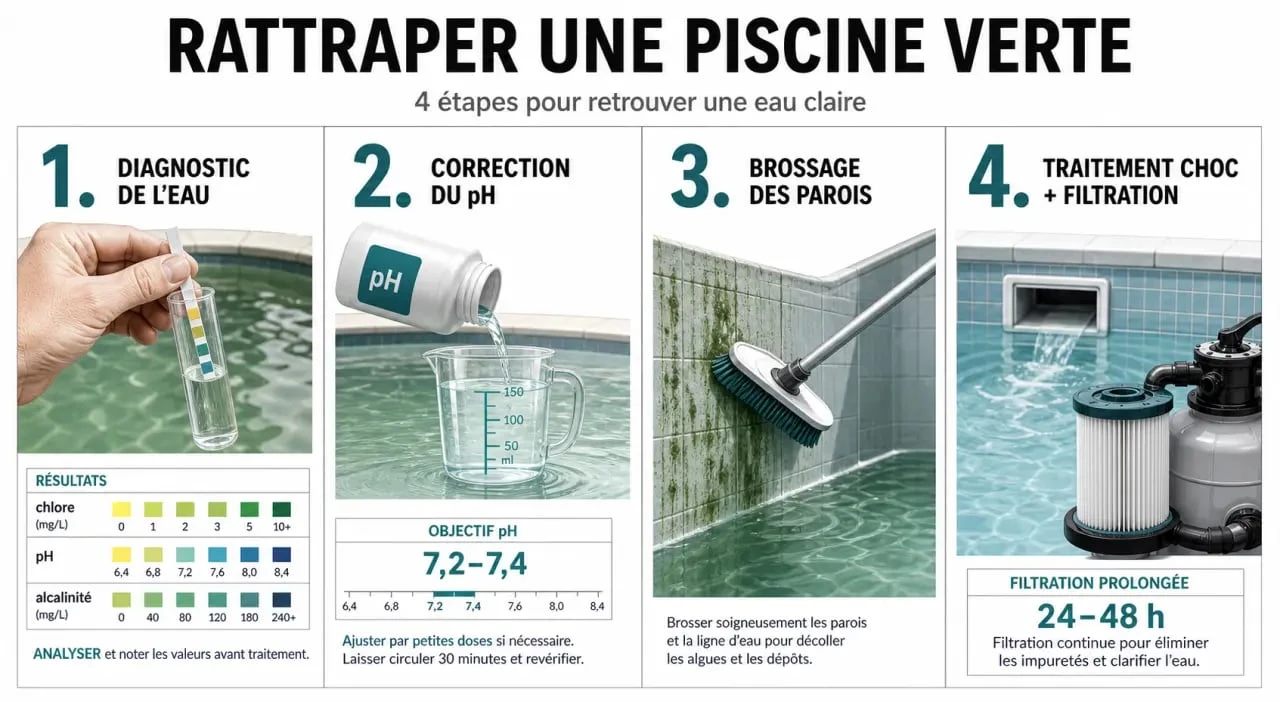 Piscine eau verte : illustration du processus de rattrapage étape par étape