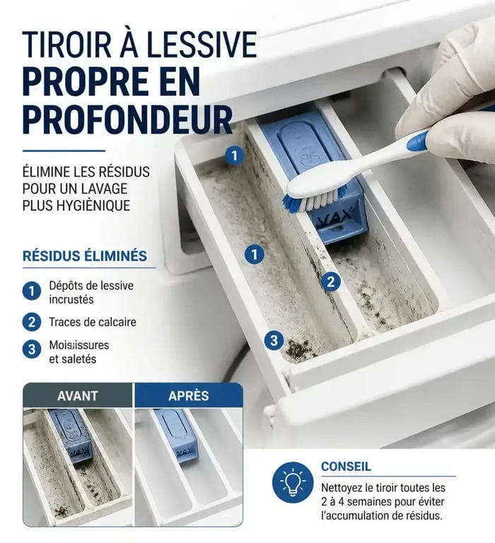 Nettoyage du bac à lessive d'un lave-linge pour éviter les moisissures