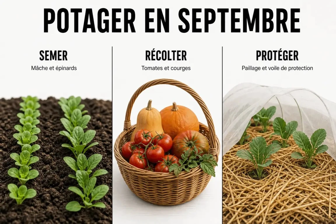 Potager en septembre : semis, récoltes et paillage dans un jardin d’automne