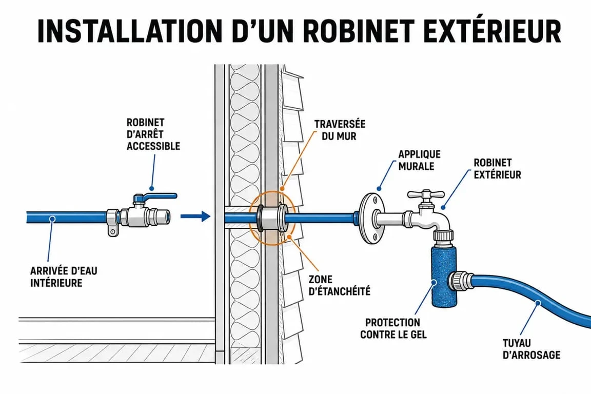 Installer un robinet extérieur : schéma du raccordement intérieur, de la traversée du mur et de la protection contre le gel