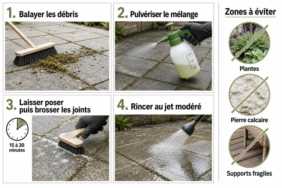 Anti mousse maison : étapes d’application sur terrasse avec brossage et rinçage
