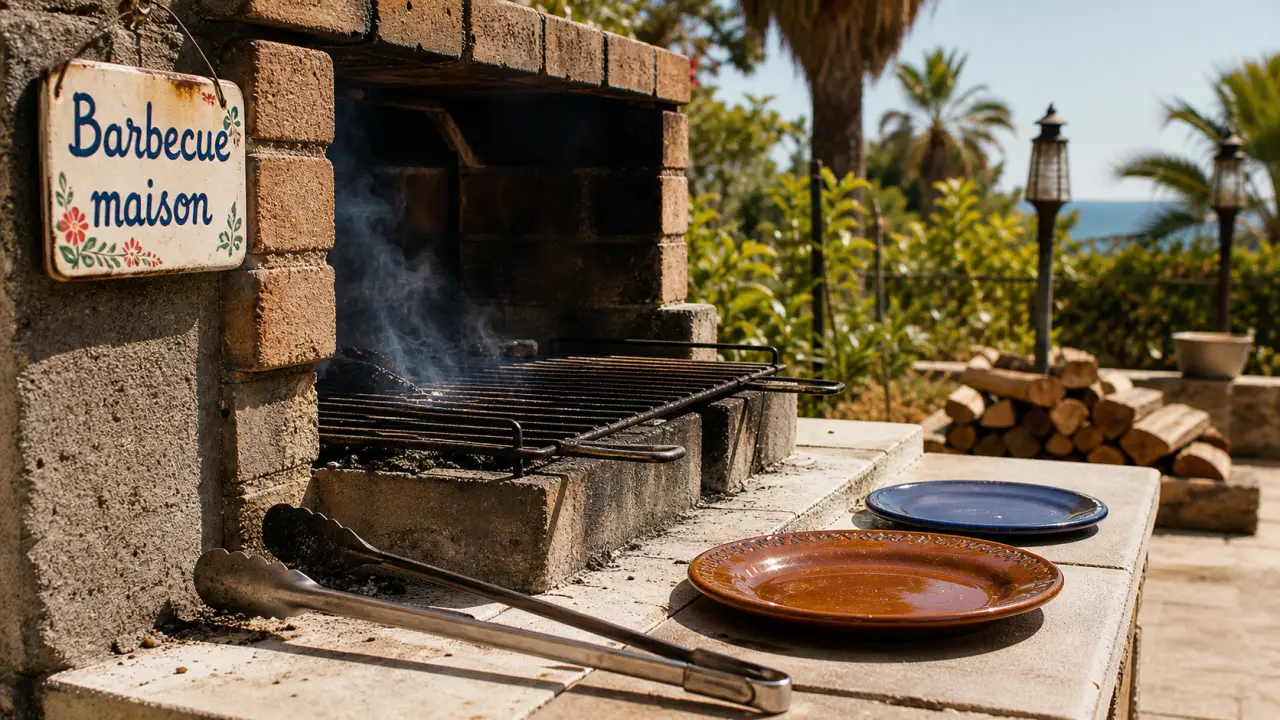 Faire un barbecue maison : barbecue en briques et bois, braises fumantes