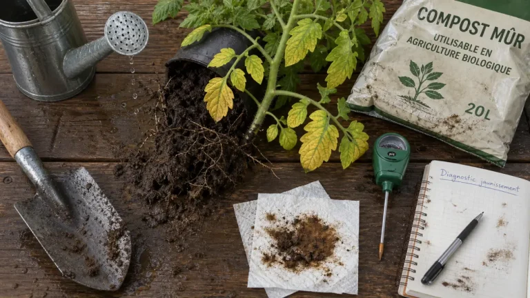 Feuilles de tomates qui jaunissent : 4 causes majeures et solutions pour sauver vos plants Feuilles de tomates jaunissent : plant en pot avec feuilles jaunes et solutions