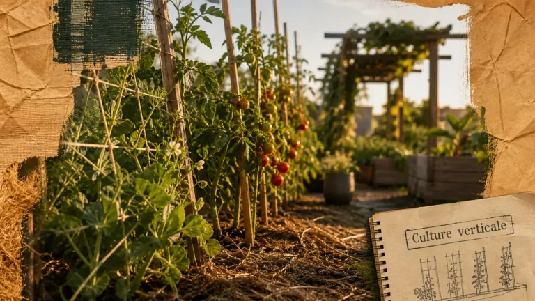 Quels légumes grimpants au potager et quel support choisir pour gagner de la place ? Légumes grimpants au potager sur treillis : pois à vrilles et tomates palissées